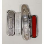 Four assorted modern silver or 925 mounted pen knives, largest, Chamberlain Clarke Partnership,