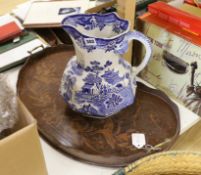 An inlaid kidney tray and a blue and white toilet jug