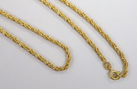 A yellow metal interwoven chain, marked ‘21K’, 78cm, 27.8 grams.
