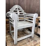 A Lutyens style weathered teak child's garden chair, width 48cm, depth 32cm, height 62cm