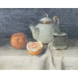 Continental School, oil on canvas, Still life of an orange, glass of water and teapot, signed, 33