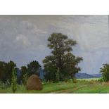 E. Vasiliev, oil on canvas, Landscape with haystack, signed and dated 1946, 59 x 79cm