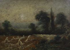 19th century English School, oil on panel, Cornfield at sunset, 15 x 20cm