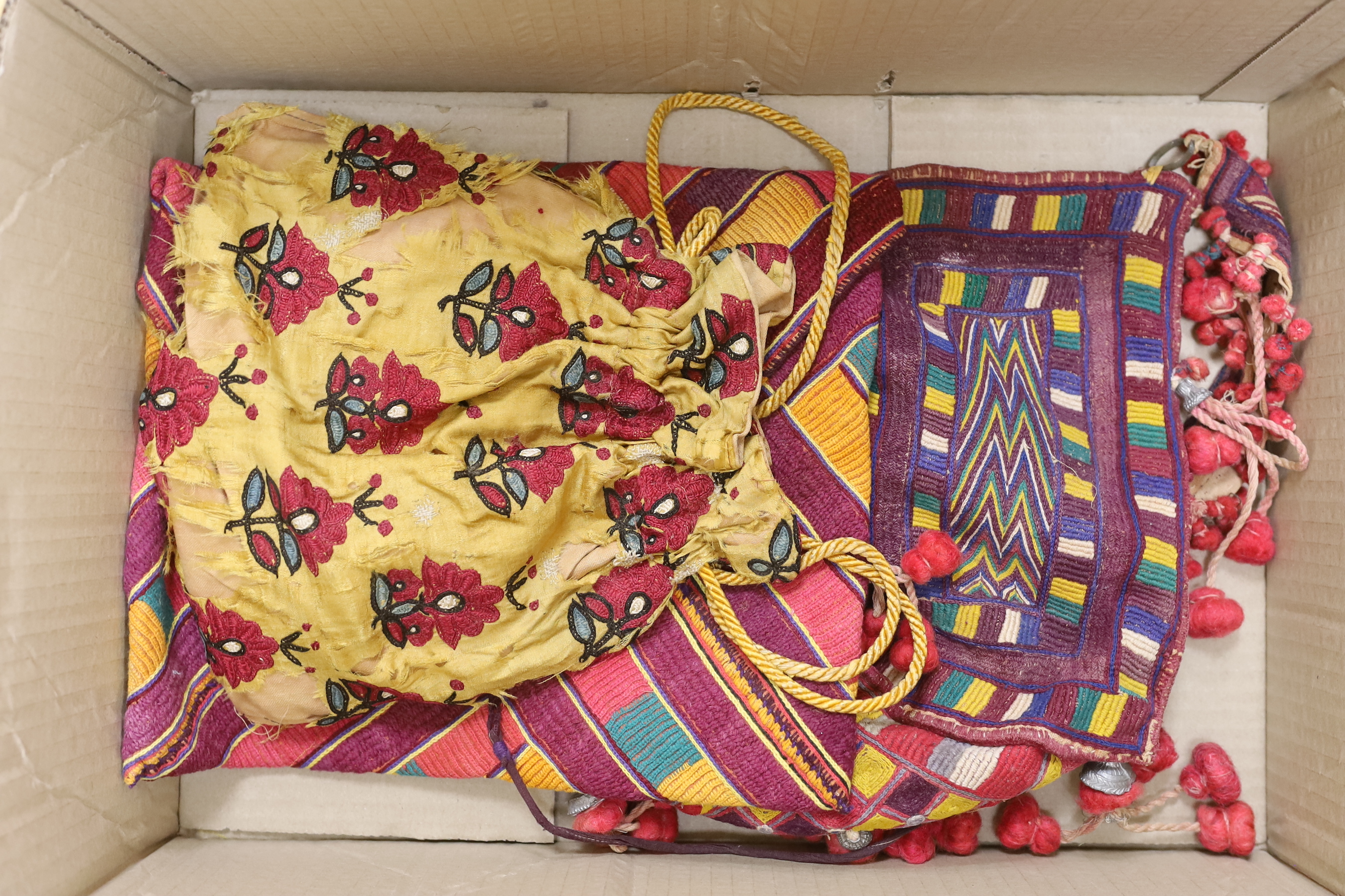 Two late 19th early 20th century Kohistani embroidered bags and a woven cushion cover/bag and a silk - Image 2 of 2