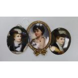 Three Continental oval porcelain portrait plaques, late 19th century, one framed, 8,5cms high