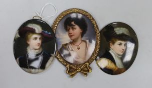 Three Continental oval porcelain portrait plaques, late 19th century, one framed, 8,5cms high