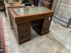 A 19th century and later satinwood banded mahogany pedestal desk, width 105cm, depth 55cm, height