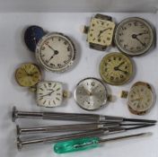 Nine assorted mainly lady's watch movements, including Rolex, Tudor and Omega and four watch tools.