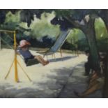 Eric Rolfe (fl.1973-1987), oil on canvas, Child on a swing, signed, with Southover Gallery label