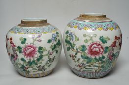 Two graduated 19th century Chinese famille rose ‘phoenix and peony’ ovoid jars, tallest 22cm