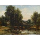 19th century English School, oil on canvas, Cattle watering, a church beyond, 44 x 60cm