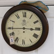 A George VI mahogany dial clock, with single fusee movement, key and pendulum, dial 28cm