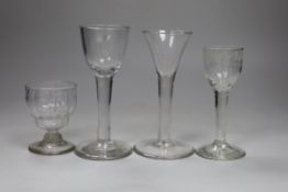 Two George II cordial glasses, a syllabub cup and another cordial glass, tallest 15cm high (4)