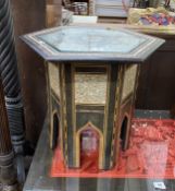 An early 20th century Moorish mother of pearl inlaid hexagonal occasional table, width 49cm,