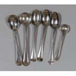 Three 18th century silver snuff spoons, 79mm and three later silver condiment spoons, 31 grams.