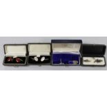 Four pairs of modern cufflinks including 925 and blue guilloche enamel and 925 and carnelian and two