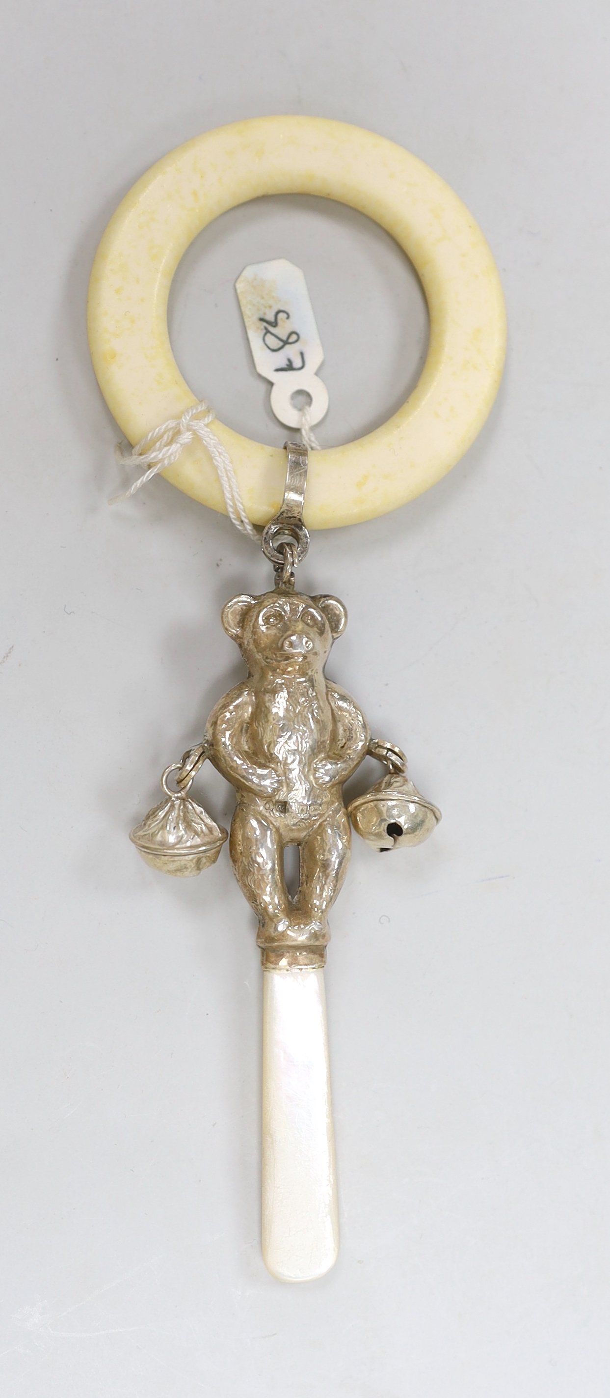 Two Edwardian hat pins with silver hallmarked teddy bea tops, and a silver 1960's teddy bear rattle - Image 7 of 9