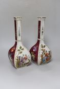 A pair of early 20th century Dresden square bottle vases, 31cm