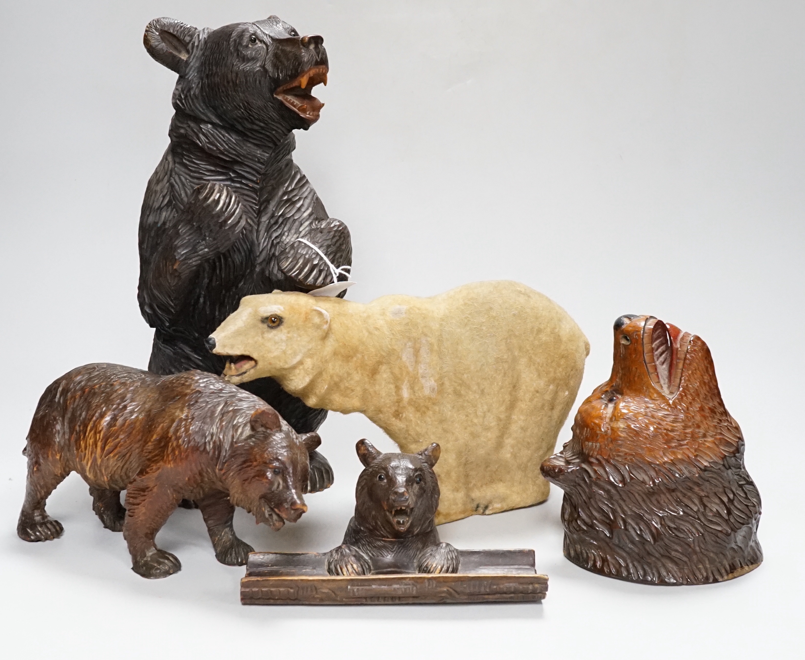 A group of Black Forest wooden carved bears, one standing 13in., with a barometer, 8in., and - Image 5 of 6