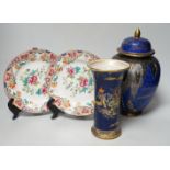 Two Carltonware vases and a pair of 19th century Spode plates, tallest 28cm