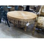 A large African circular hide drum, diameter 90cm, height 53cm