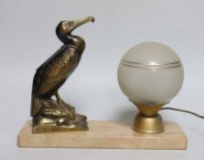 M. Frecourt: A French Art Deco spelter figural bird table lamp, 25cm wide, 19.5cm high