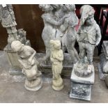 Three reconstituted stone garden statues, one on a square plinth, tallest 99cm