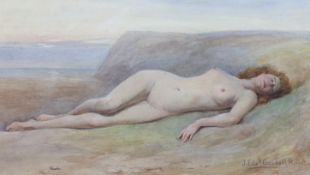 John Edward Goodall (1853-1920), watercolour, Nude reclining upon the seashore, signed, 19 x 33cm