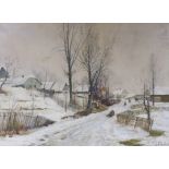 French School, oil on canvas, Children sledging in a winter landscape, indistinctly signed, 50 x