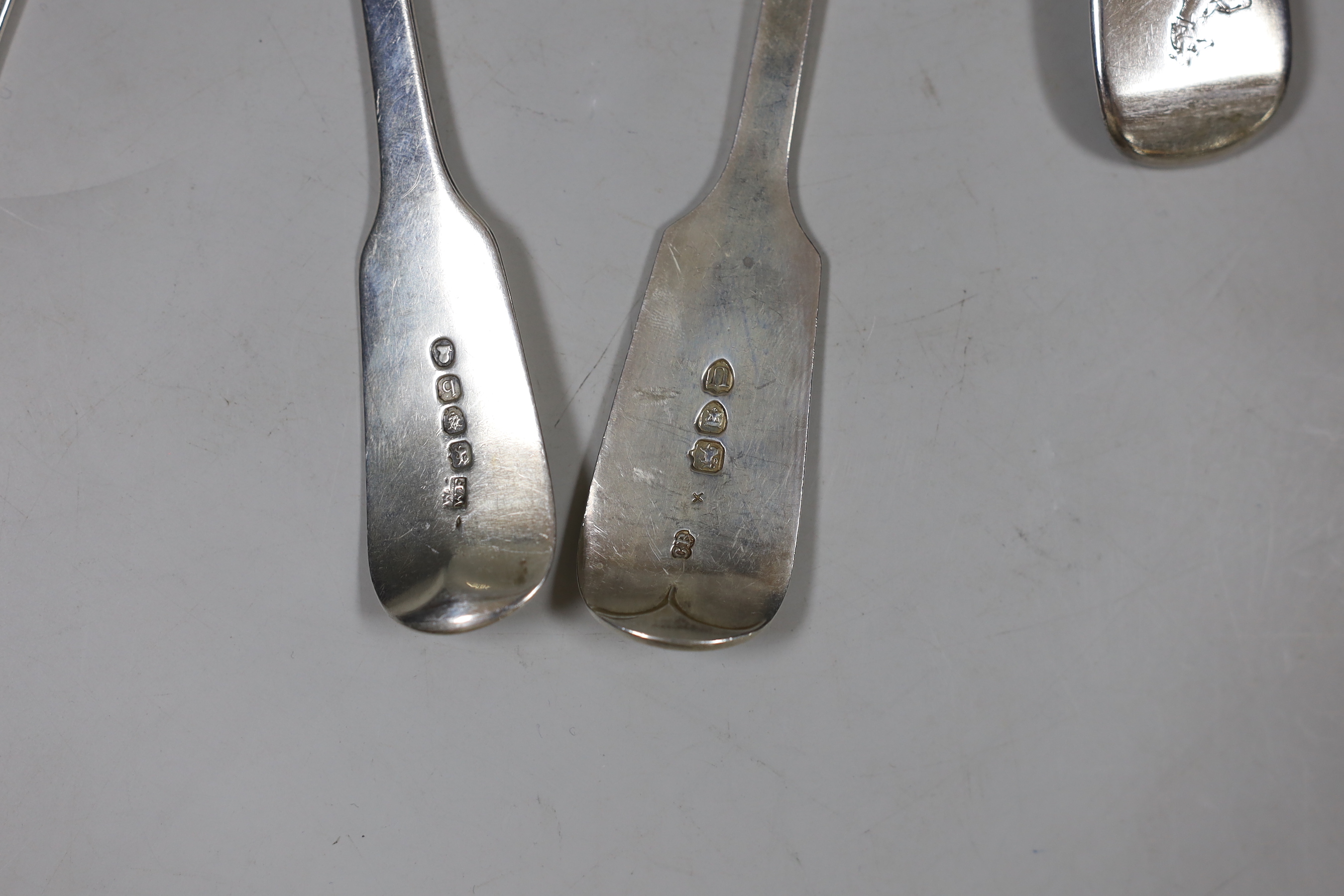 A harlequin set of seven George III and later silver fiddle pattern table spoons, various dates - Image 2 of 2