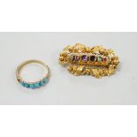 A Victorian yellow metal and gem set 'Regard' brooch, 36mm and a yellow metal and turquoise set half