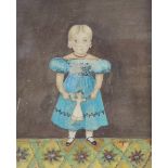 Victorian School, watercolour, Portrait of a girl holding a doll, 12 x 9.75cm