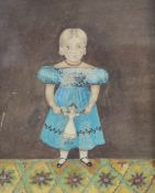 Victorian School, watercolour, Portrait of a girl holding a doll, 12 x 9.75cm