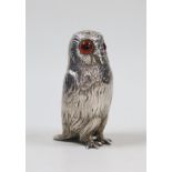 A Victorian novelty silver condiment, modelled as an owl with glass eyes, George John Richards,