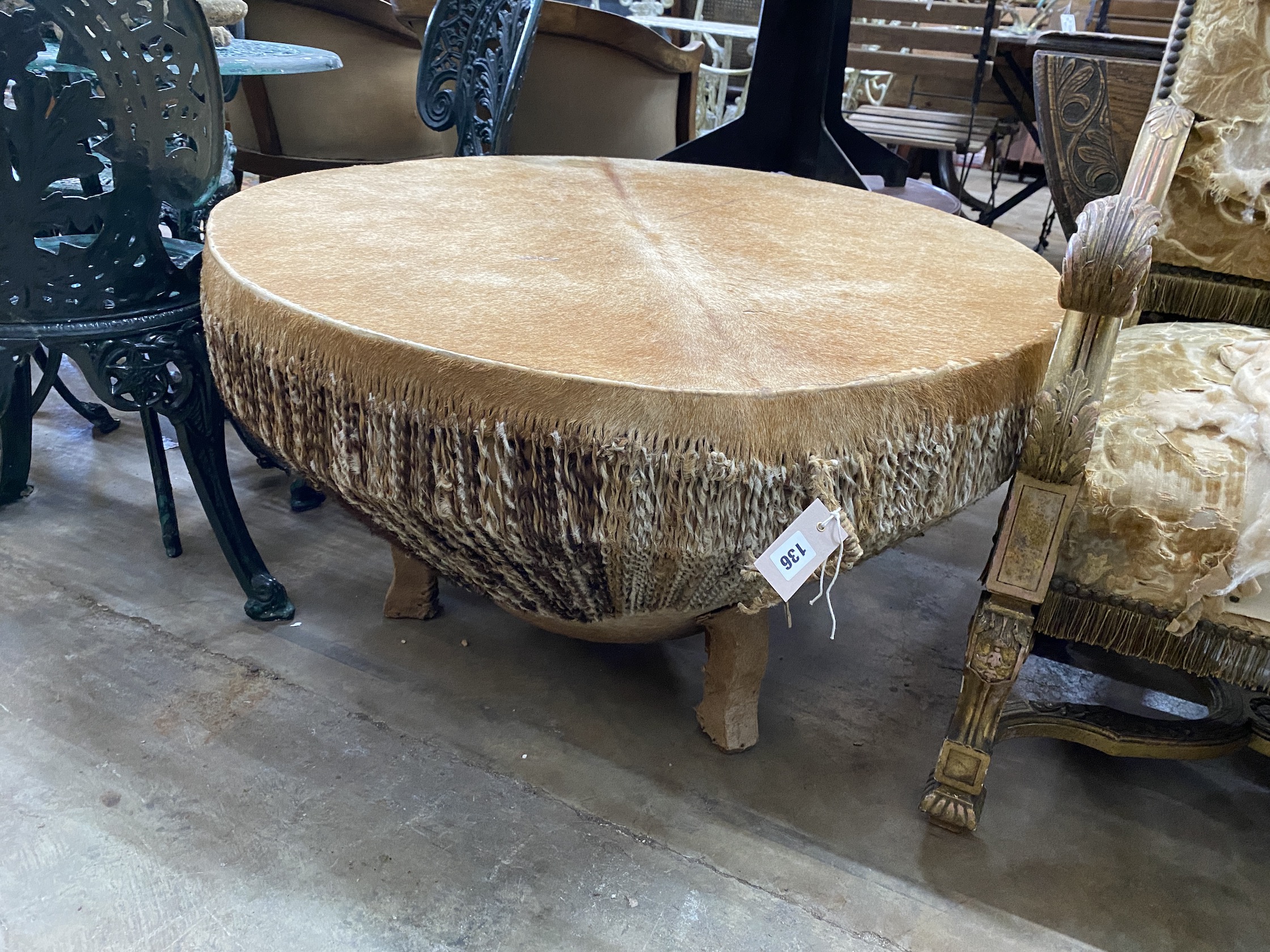 A large African circular hide drum, diameter 90cm, height 53cm - Image 3 of 6