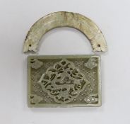 A Chinese jade rectangular plaque and a jade huang pendant, width 9cm (2)