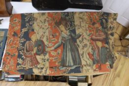 A machine tapestry manufactured by Robert Four, depicting a Medieval figurative scene, 160cm wide,
