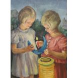 English School c.1930, oil on canvas, Children with lanterns, 72 x 54cm