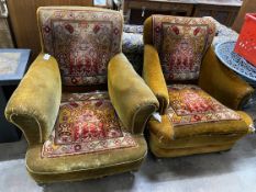A near pair of Victorian carpet upholstered armchairs, larger width 88cm, depth 96cm, height 84cm