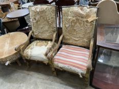 A pair of Louis XIV style carved giltwood armchairs, width 66cm, depth 64cm, height 118cm