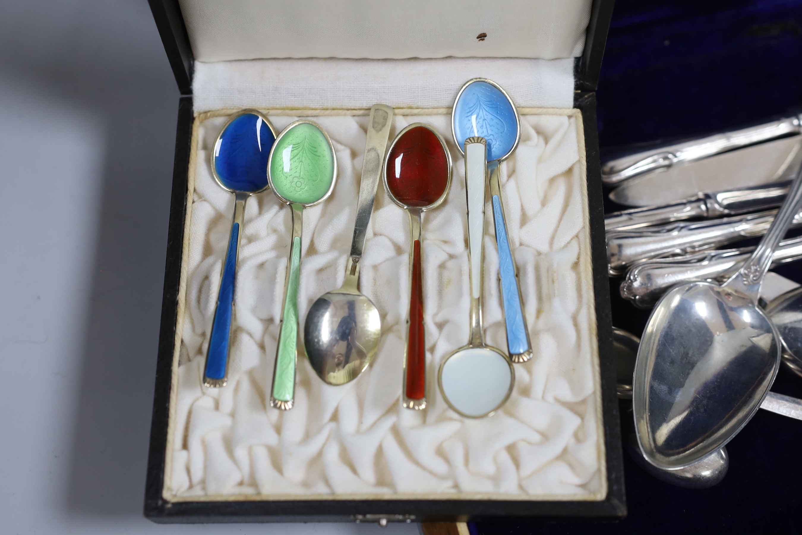 A cased set of six Norwegian 925S and enamelled coffee spoons, a cased set of six silver teaspoons - Image 2 of 4