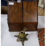A Victorian walnut stationery box and brass inkwell, box 33cm wide, 30cm high