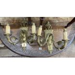 A pair of brass twin branch ormolu wall lights, height 42cm