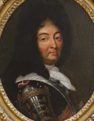 After Hyacinthe Rigaud (French, 1659-1743), oil on canvas, Portrait of Louis XIV, 40 x 31cm