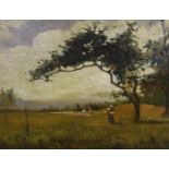 Continental School, oil on board, Figures in a landscape, indistinctly monogrammed, 27 x 35cm