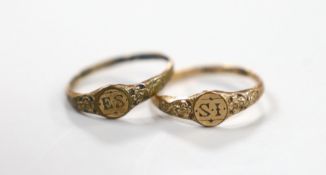 A pair of Georgian 'gold shell' child's rings, the rings heads with engraved initials, 'IS' and '