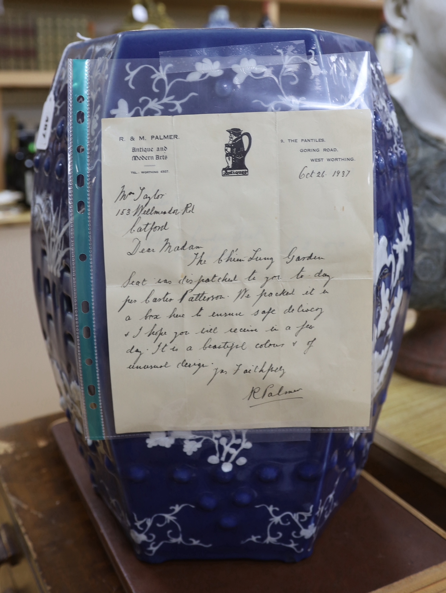 A 19th century Chinese white slip decorated powder blue garden seat, with provenance / paperwork - Image 3 of 3