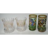 A pair of 19th century German Historismus armorial glass beakers and a pair of glass pots, tallest
