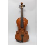 An early 20th century Stainer violin, patent number 23140, back measures 36.5cm excl button. cased