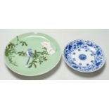 A Japanese celadon ground dish and a Chinese blue and white dish, largest 22cm diameter